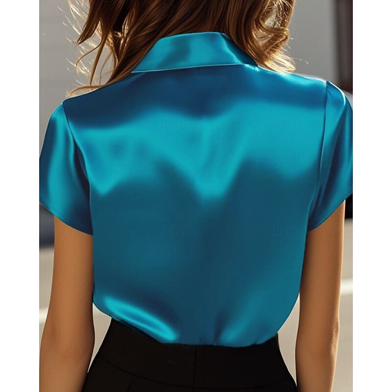 Women's Shirt Blouse Plain Stylish Modern Short Sleeve Shirt Collar Regular Tops Work Going out Buttons Navy Blue Summer3