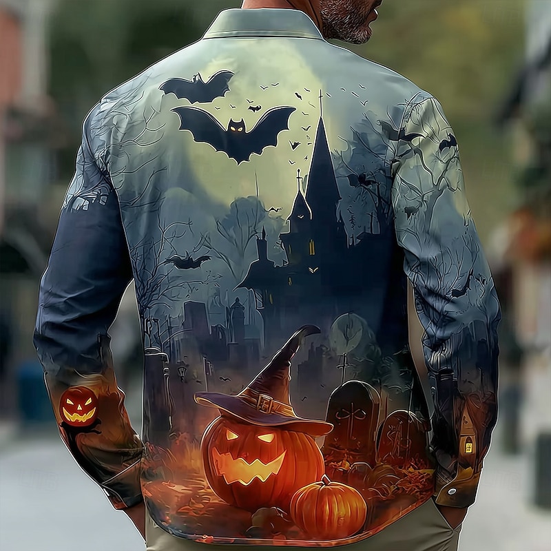 Halloween Men's Pumpkin Halloween Costumes Witch Hat Shirt Button Up Shirt Long Sleeve Dark Gothic Style Outdoor Holiday Summer Spring Turndown 3D Print Collared Shirts Dark Blue2