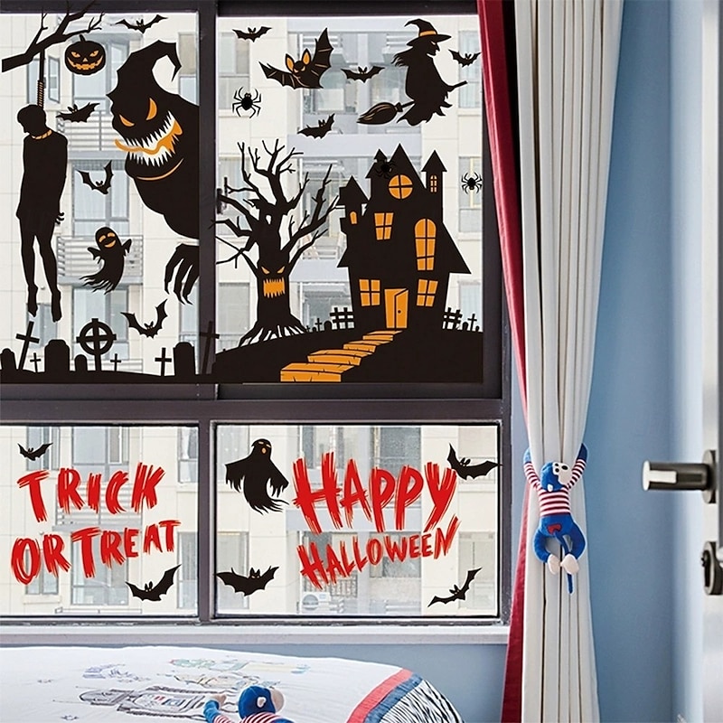 9 Sheets Halloween Window Clings Set – Reusable Static Stickers with Pumpkins, Ghosts, Bats & Haunted House Designs for Holiday Party Glass Decor4