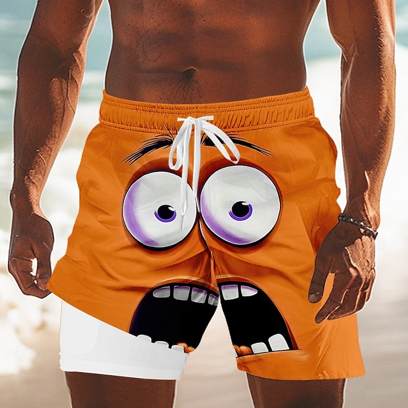 Men's 3D Cartoon Funny Smile Face Lined Shorts 2 in 1 Board Shorts Swim Shorts Mid Waist Hawaiian Holiday Side Pockets With Compression Liner Elastic Drawstring Waist Designer Clothing Apparel
