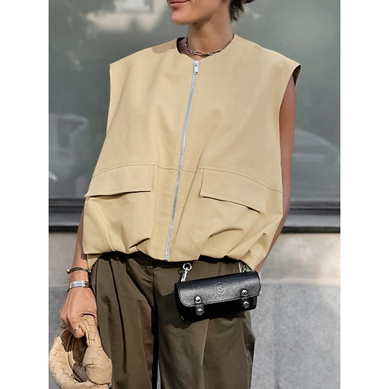 Women's Vest Comfortable Breathable Zipper Pocket Casual Plain Vacation Street Casual Daily Wear Zipper Short V Neck Regular Fit Sleeveless Outerwear Khaki Summer Spring