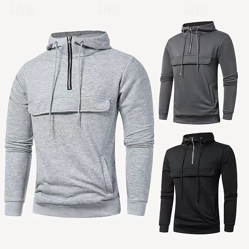 Men's Hoodie Pullover Hoodie Sweatshirt Quarter Zip Hoodie Black Light Grey Dark Gray Hooded Plain Zipper Pocket Sports & Outdoor Casual Daily Streetwear Cool Sportswear Fall & Winter Clothing Apparel
