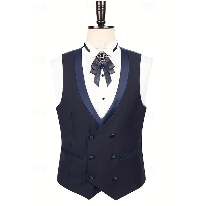 Men's Wedding Stage Party Suits Shawl Lapel Blue Formal Solid Colored Slim Fit 3 Piece Single Breasted One-button2