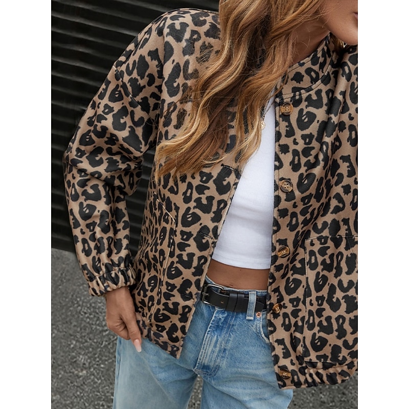 Women's Casual Jacket Comfortable Breathable Pocket Print Vintage Casual Leopard Vacation Street Casual Daily Wear Zipper Regular Stand Collar Regular Fit Long Sleeve Outerwear Brown Spring Fall4