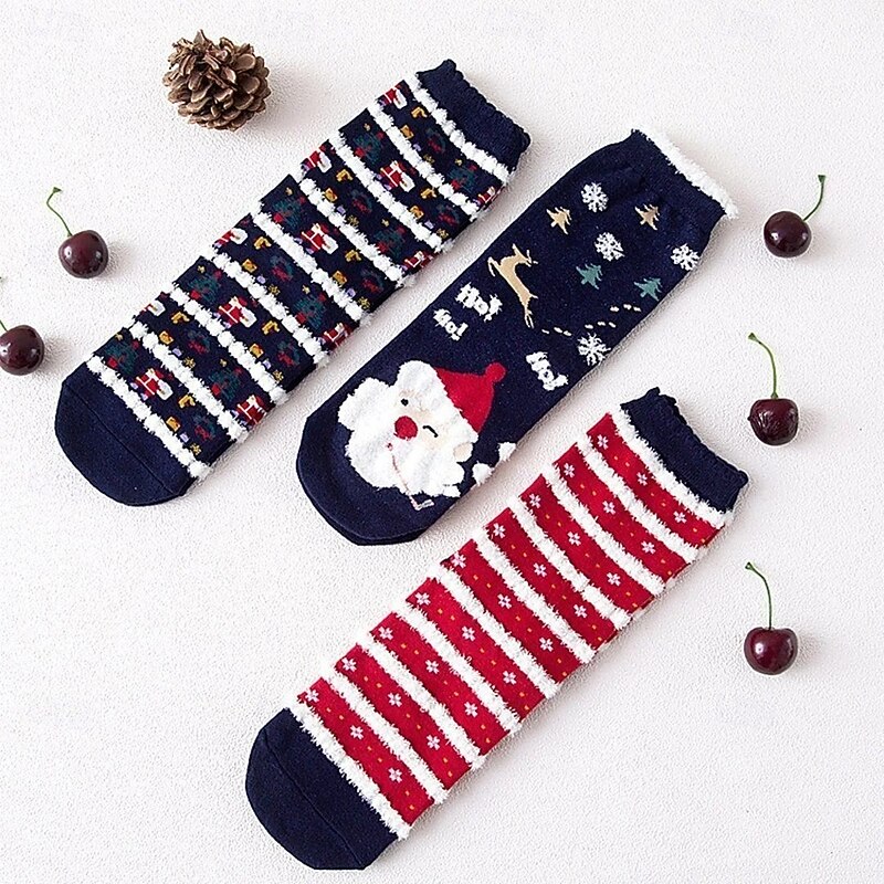 3 Pairs Christmas Cartoon Jacquard Cotton Women's Socks Reindeer Santa Red Mid Calf 3D Design Adult Holiday Gift Box Set Festive Winter Warm Sock Accessory3