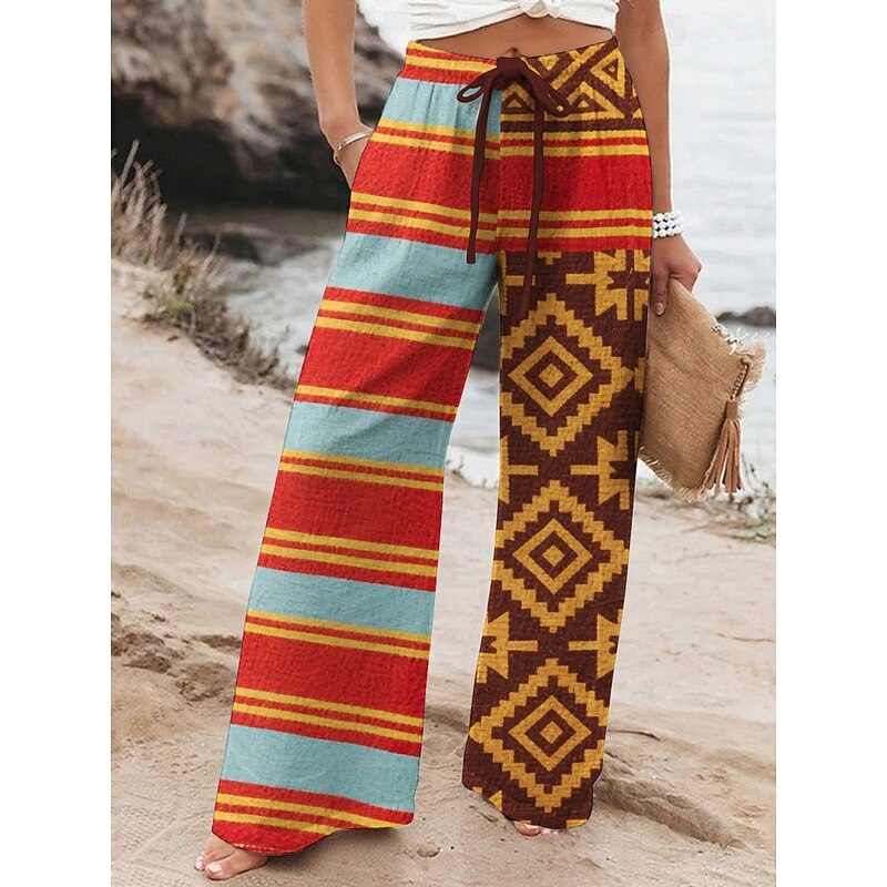 Women's Wide Leg Pants Trousers Retro Vintage Long High Waist Geometic Elastic Waist Printing High Cut Breathability Soft Micro-elastic Vacation Street Daily Wear Blue Purple Fuchsia Orange Spring