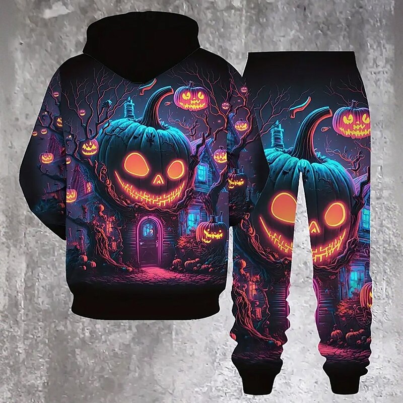Halloween Men's Pumpkin Smile 2pcs 3D Sweatshirt Sets Tracksuit Hoodie Sweatshirt Long Sleeve Long pants Hooded Casual Daily Athleisure 3D Print Spring Fall Winter Violet2