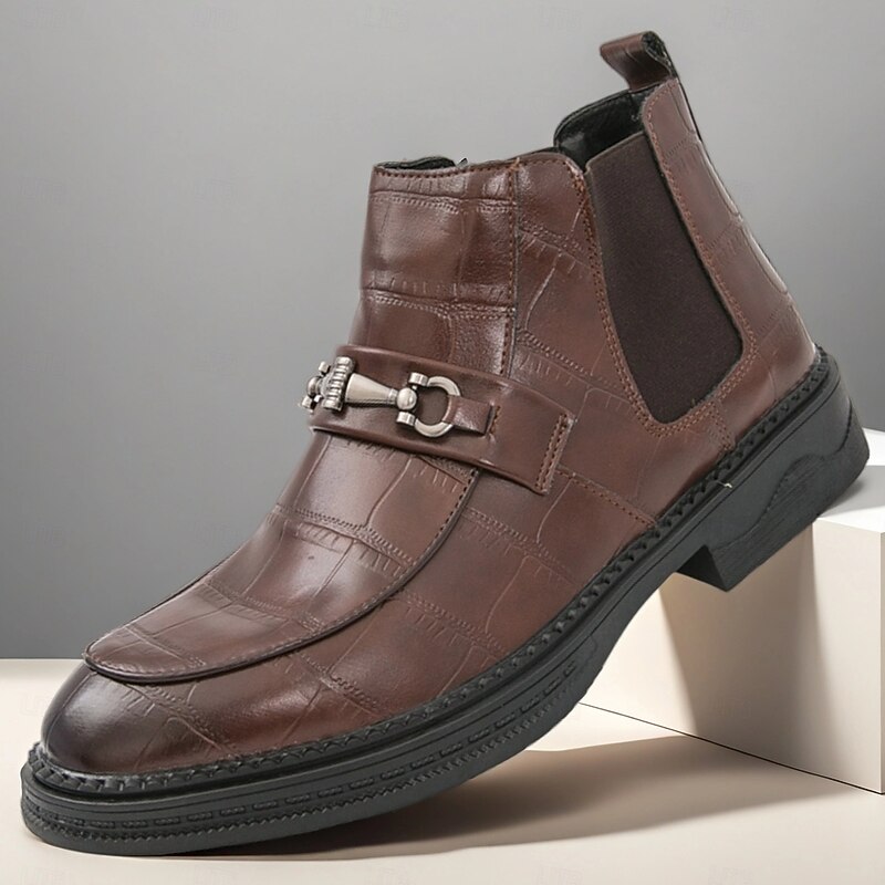 Men's Brown Chelsea Boots with Metal Buckle, Faux Leather Slip-On Ankle Dress Boots for Business, Office and Formal Wear