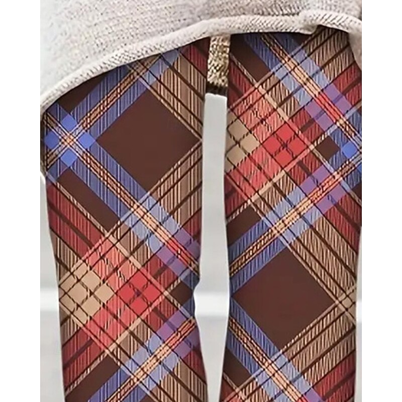 Women's Pants Trousers Leggings Cozy Leggings Streetwear Casual Full Length High Waist Plaid Elastic Waist Print Breathability Comfortable Stretchy Vacation Street Daily Wear Brown Summer Spring Fall2