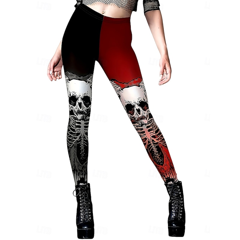 Women's Leggings Vacation Vintage Fashion Full Length High WaistPantsHalloween Graphic Color Block Skull Printing Soft Breathable Stretchy Outdoor Vacation Street claret Spring Fall Winter Skinny