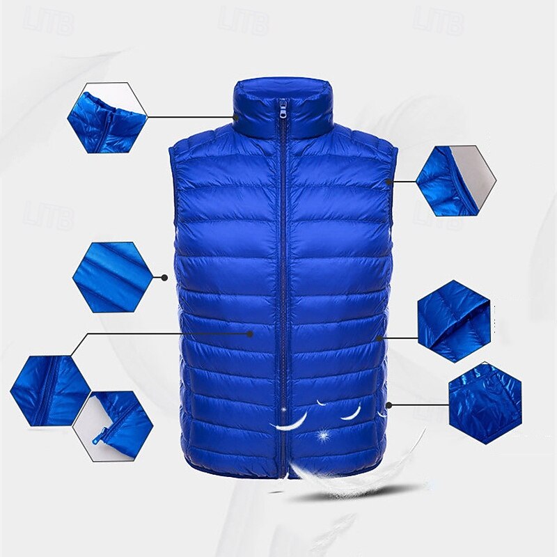 Men's Down Vest Puffer Vest Vest Gilet Vacation Daily Date Fashion Casual Fall & Winter Pocket Polyester Duckdown Warm Comfortable Solid Color Zipper Stand Collar Regular Fit Black Wine Navy Blue2