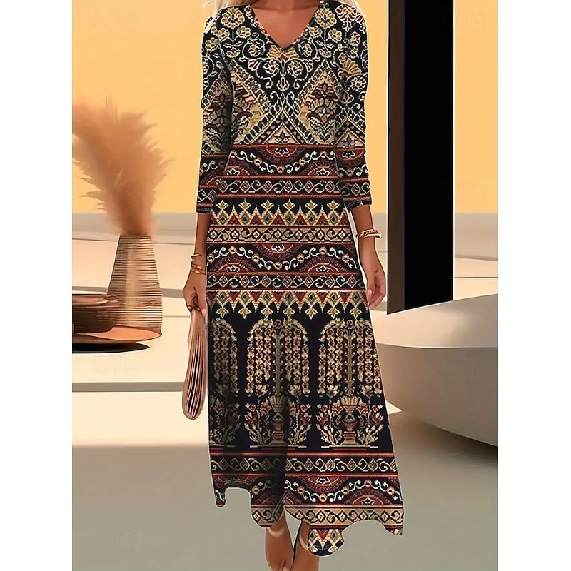 Women's Midi Dress T Shirt Dress Tee Dress A Line Dress Vacation Casual Boho Daily Holiday Date Regular Fit Floral Graphic Geometric Long Sleeve V Neck Dark Brown White Rusty Red Red Fall Winter