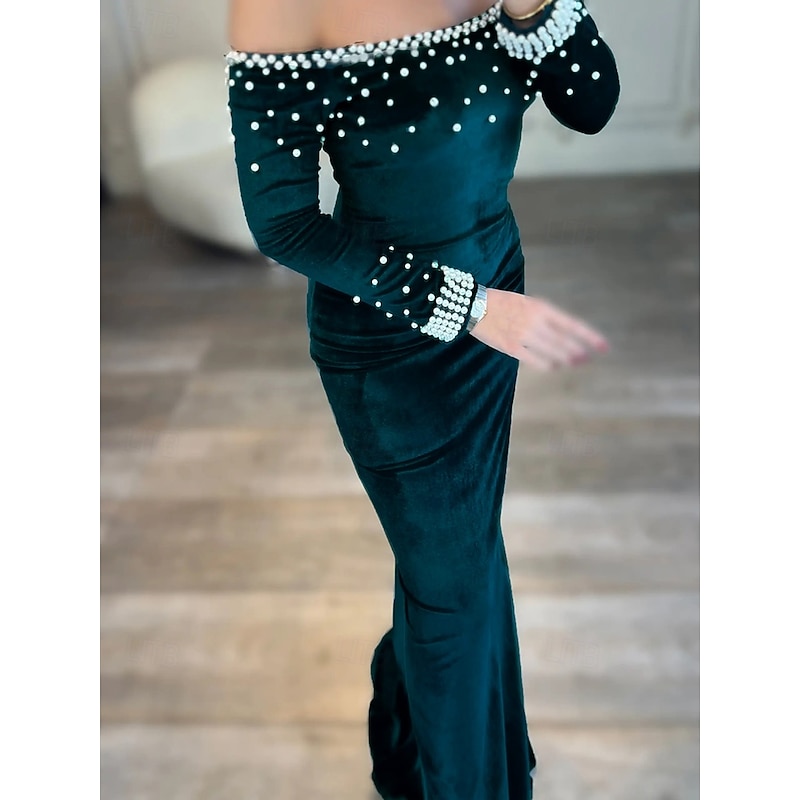 Black Tie Stretch Velvet Mermaid / Trumpet Evening Gown Elegant Dress Pearls Formal Wedding Sweep / Brush Train Long Sleeve Off Shoulder 20254