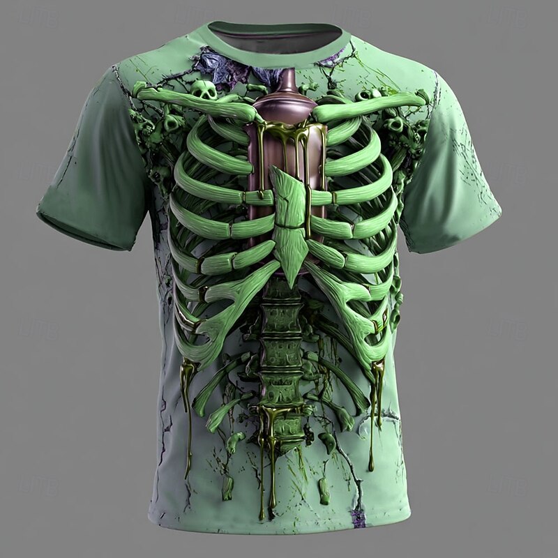 Halloween Men's Optical Illusion 3D Skeleton T Shirt Short Sleeve T shirt 3D Print Crew Neck Shirt Exaggerated Designer Horror Party Street Holiday Red Blue Green Summer Spring All Seasons Clothing3