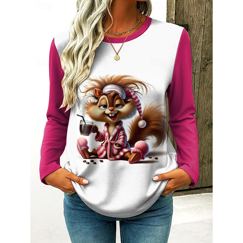 Women's T Shirt Graphic Cartoon Vintage Stylish Classic Long Sleeve Crew Neck Regular Tops Daily Print Yellow Pink Blue Green Spring Fall Winter3