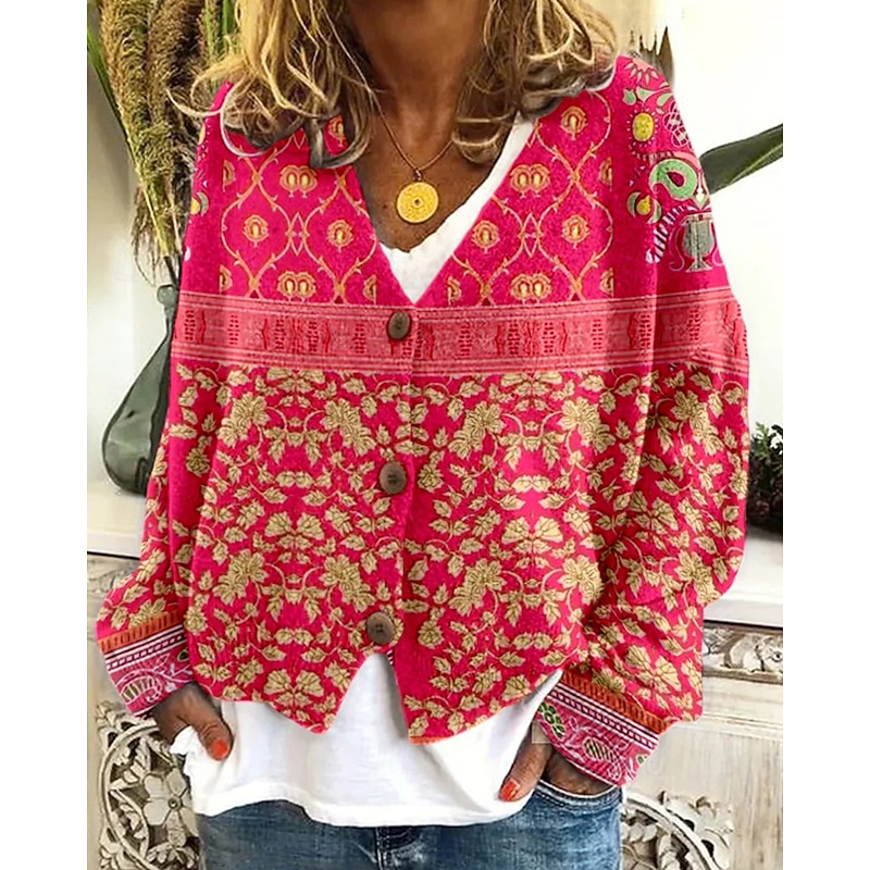 Women's Coat Casual Jacket Warm Comfortable Print Fashion Modern Casual Floral Going out Weekend Single Breasted Regular V Neck Regular Fit Long Sleeve Outerwear White Sky Blue Green Fall Winter3