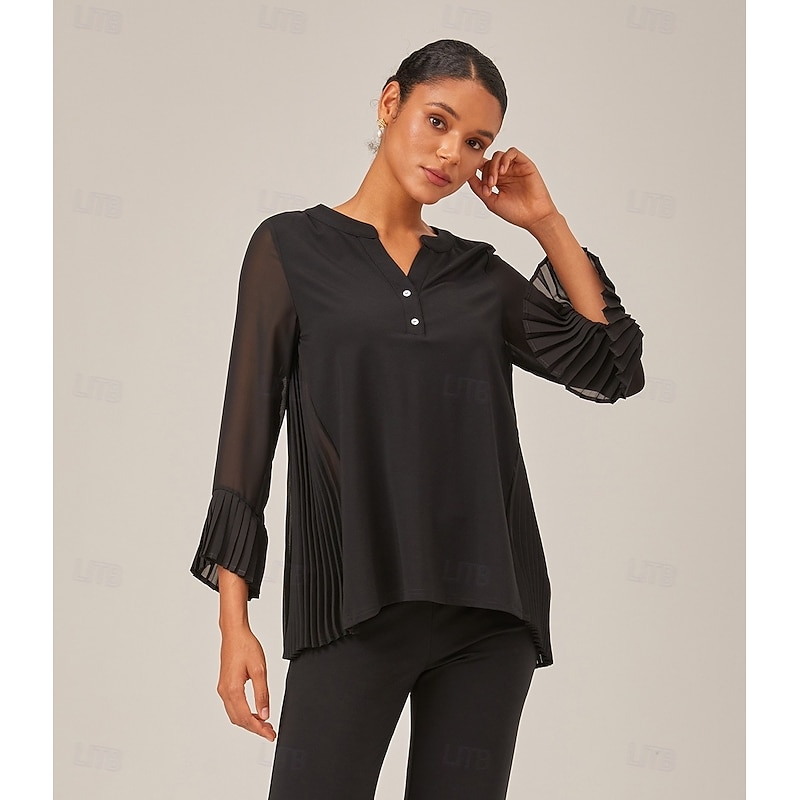 Women's Contrast Design Pleated TENCEL Roma Top Curved Hem Stylish Comfortable Breathable Elegant Daily Work Casual Versatile Fall