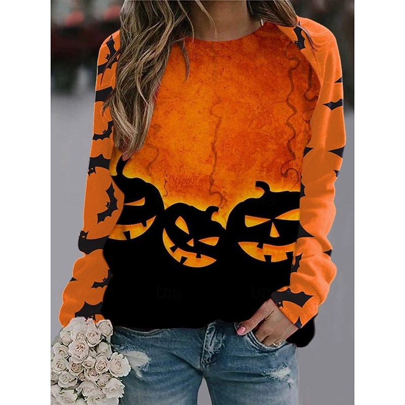 Halloween Women's Pullover Sweatshirt Pumpkin Graphic Fashion Casual Long Sleeve Crew Neck Regular Tops Street Dailywear Print Blue Purple Orange Green Fall Winter