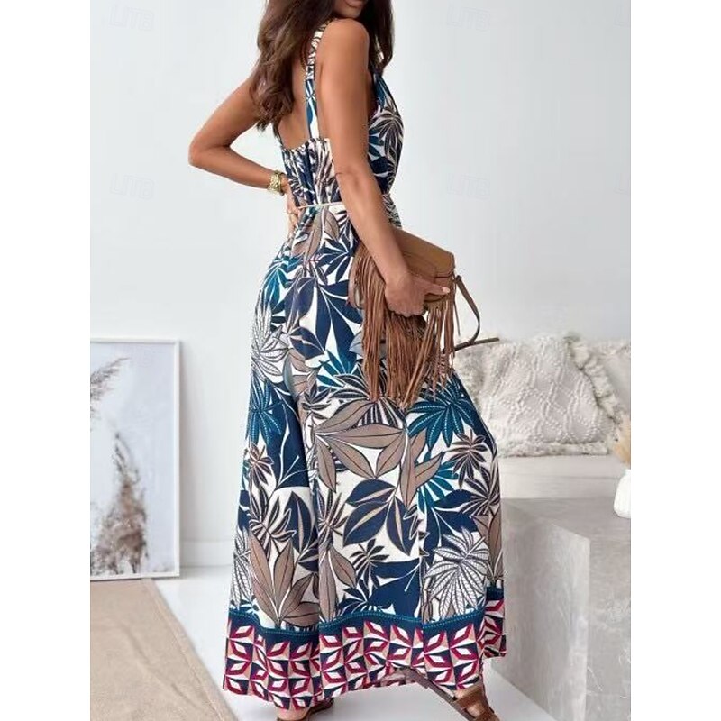 Women's Normal Jumpsuit Active Graphic Sleeveless Wide Leg V Neck High Waist Vacation Daily Regular Fit Navy Blue Blue Apricot Summer4