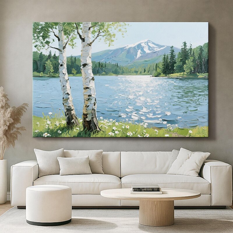 Lake and Birch Tree Oil Painting on Canvas,Hand Painted 3D Texture Mountain Landscape Artwork,Natural Wall Decor for Living Room or Office3