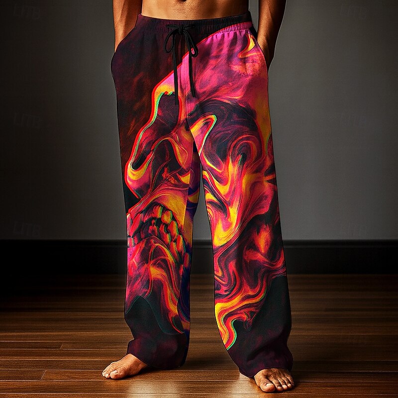 Halloween Men's Skull Halloween Costumes Trousers Baggy Pants Casual Pants Mid Waist Dark Gothic Style Holiday Elastic Drawstring Waist Linen-Like Pants with Pockets Spring Fall 3D Print Black Green