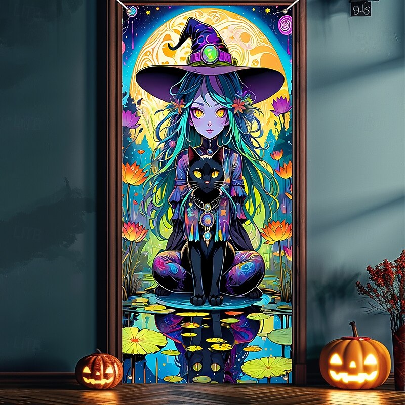 Halloween Door Cover Outdoor Banners Witch Cat Anime 3D Party Outdoor Shooting Backgrounds Front Door Wall Porch Home Decor2
