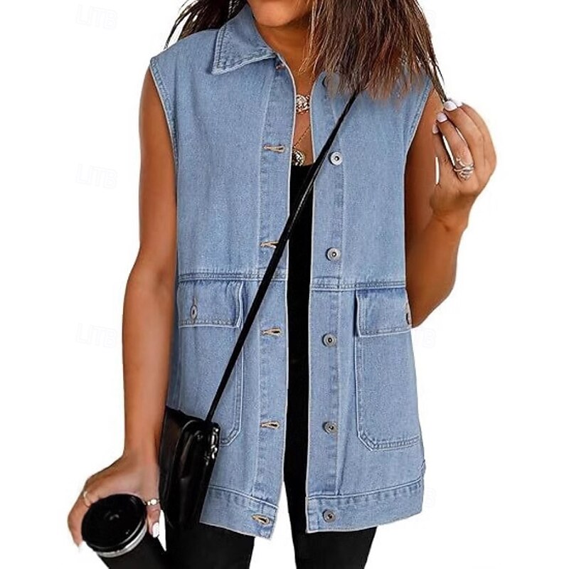 Women's Vest Comfortable Pocket Buttons Casual Plain Street Weekend Single Breasted Regular Turndown Regular Fit Sleeveless Outerwear Light Blue Black Grey White Fall2
