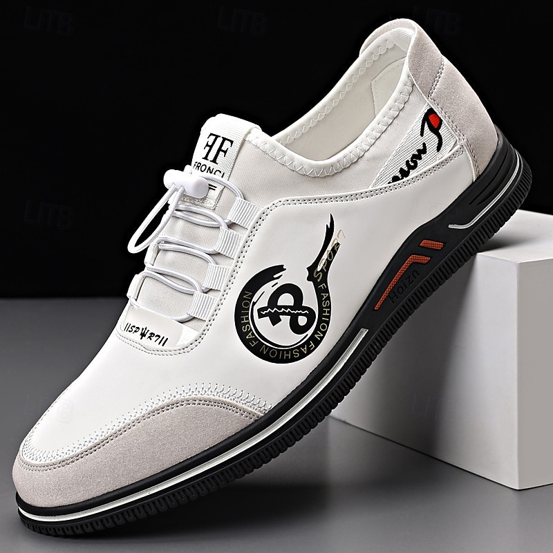 Men's White Sporty Sneakers with Graphic Print – Comfortable Casual Lace-Up Shoes for Urban Wear, Weekend Activities and Fashionable Outings