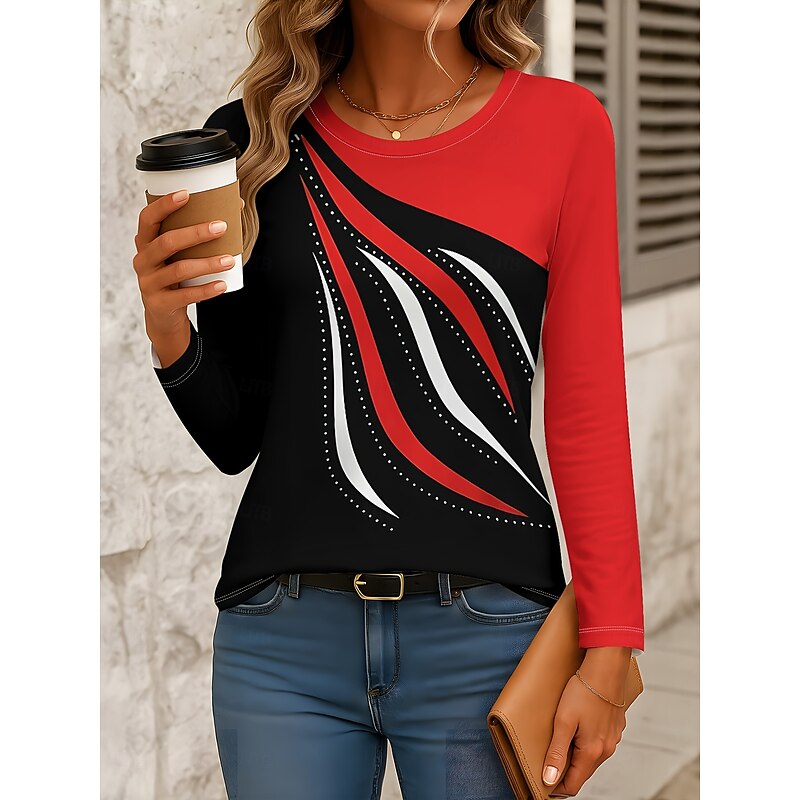 Women's T Shirt Graphic Geometric Abstract Vintage Fashion Stylish Long Sleeve Crew Neck Round Neck Regular Tops Daily Print Pink Red Blue Green Gray Spring Fall