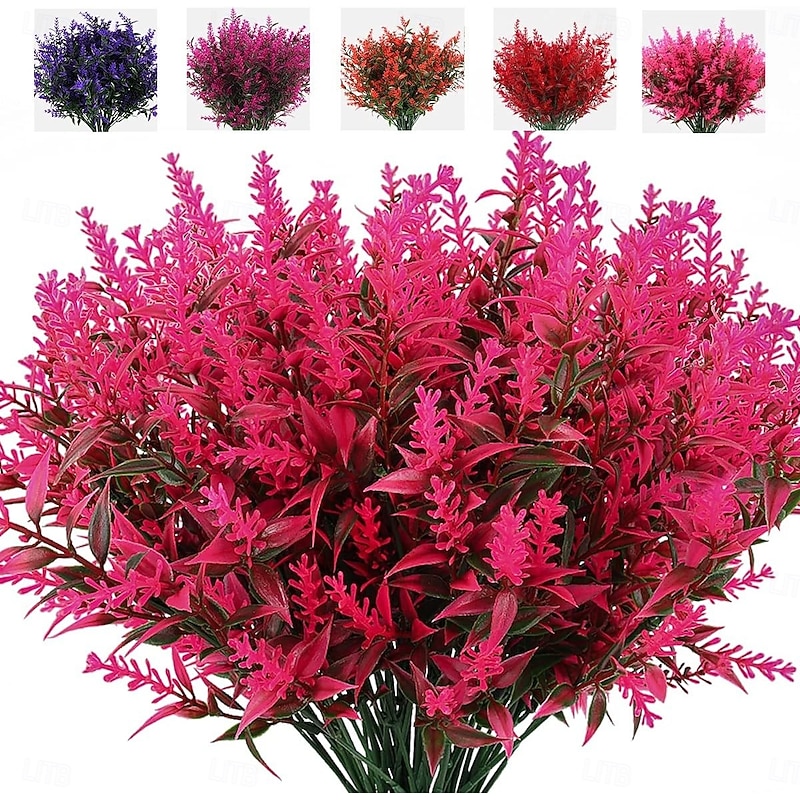 8 Bundles Artificial Flowers, Faux Outdoor Plants Lavender, Plastic Shrubs and Fake Ferns, Winter Resistant Faux Plants for Indoor & Outdoor Hanging Decorations4