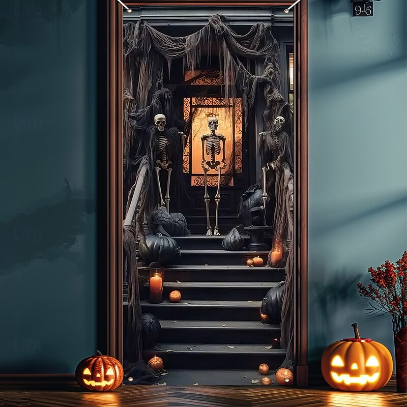 Halloween Door Cover Outdoor Banners Skeleton 3D Psychedelic Dark Punk Gothic Style Party Outdoor Shooting Backgrounds Front Door Wall Porch Home Decor2