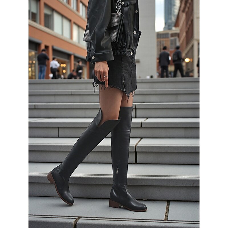 Women's Over the Knee Boots with Side Zipper, Low Block Heel Riding Style Shoes for Casual Streetwear and Urban Outfits