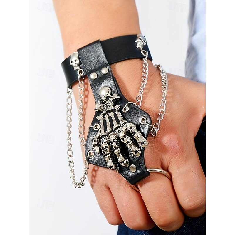 Men's Gothic Skull Hand Bracelet and Ring Set – Punk Style with Faux Leather, Alloy Chains, and Skull Detailing, Perfect for Halloween and Costume Parties2
