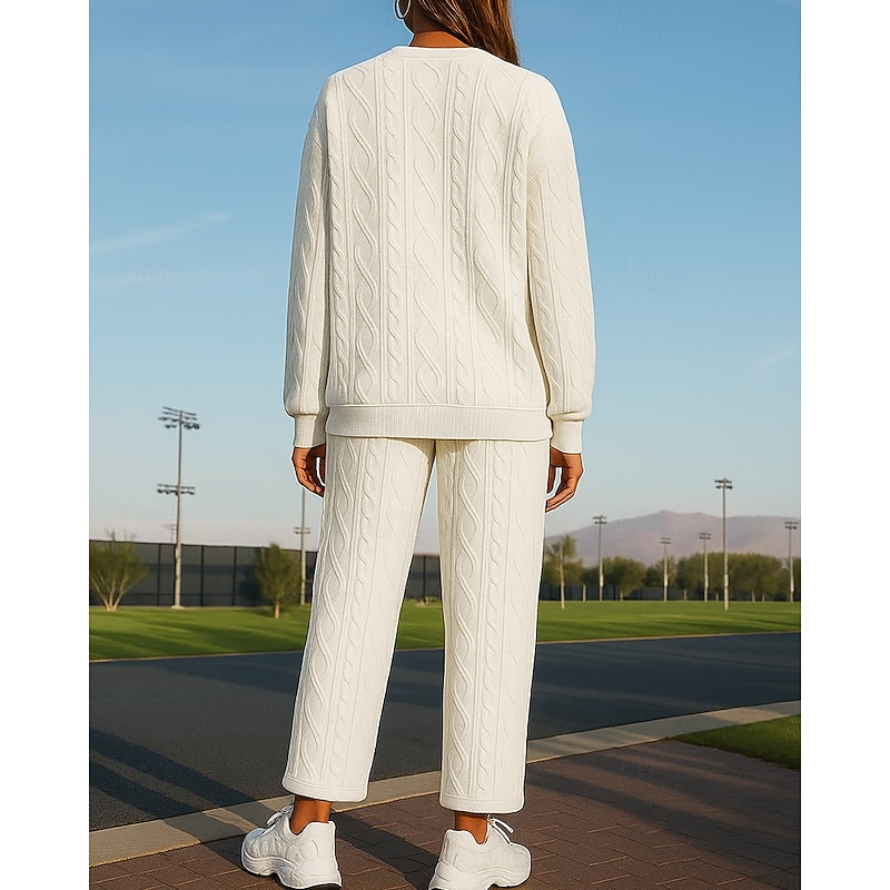 Women's Tracksuit Sweatpants Sportswear Cable knit Solid Colored Clothing Suit Fall Black White Outdoor Travel Sports High Waist Fashion Long Sleeve Sport Activewear Micro-elastic Regular Fit2