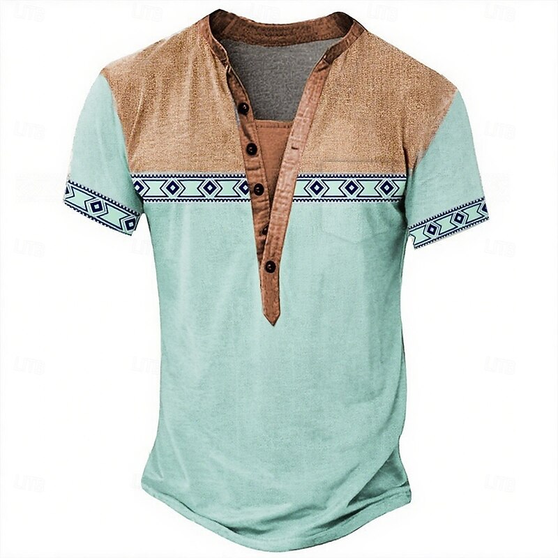 Men's Tribal Ethnic T Shirt Henley Shirt Tee Short Sleeve Designer Basic Ethnic Outdoor Casual Daily Summer Light Green Light Blue Henley Henley T-Shirt