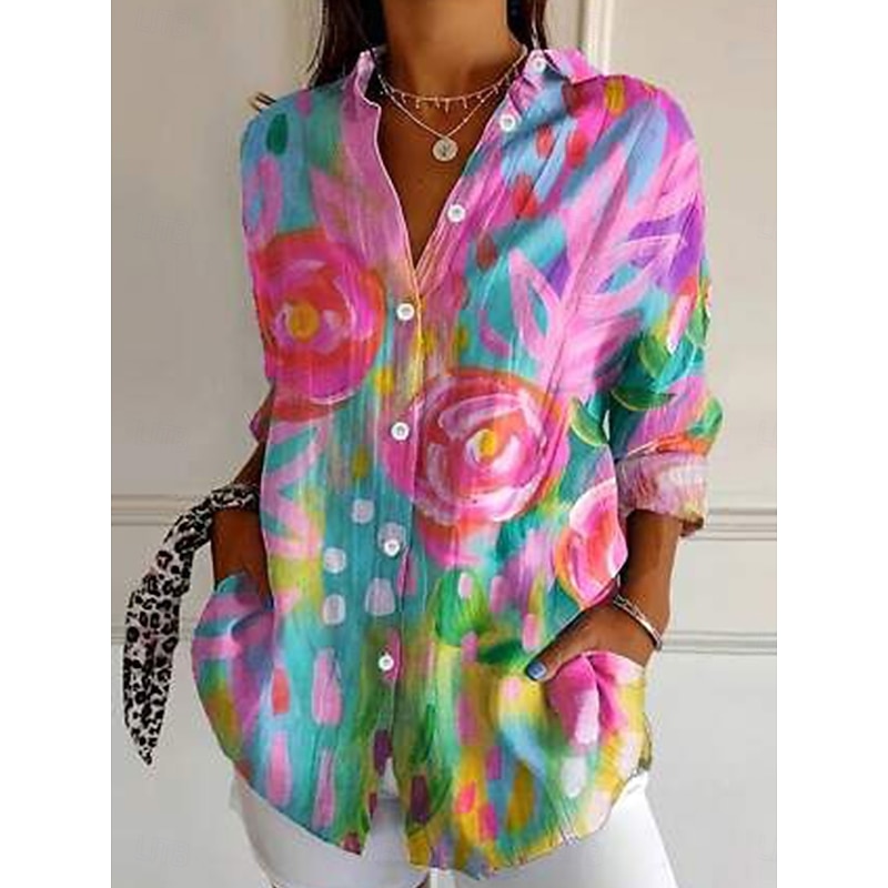 Women's Shirt Floral Graphic Vintage Daily Casual Long Sleeve Shirt Collar Regular Tops Daily Holiday Print Pink Red Blue Fuchsia Summer Spring2