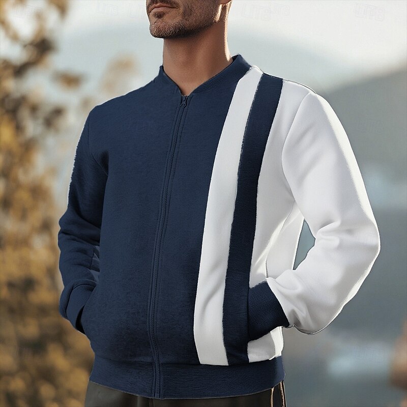 Men's Sweatshirt Full Zip Sweatshirt Black White Wine Navy Blue Khaki Standing Collar Color Block Patchwork Pocket Sports & Outdoor Daily Holiday Polyester Streetwear Basic Casual Spring Fall2
