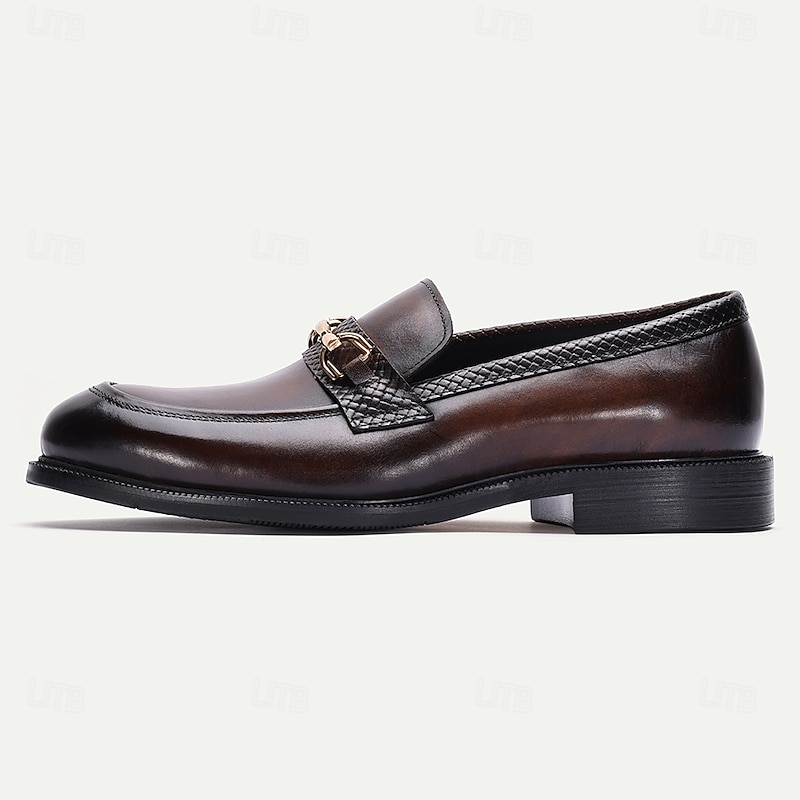 Men's Brown Leather Loafers with Metal Buckle – Elegant Slip-On Dress Shoes for Business, Weddings and Formal Events3