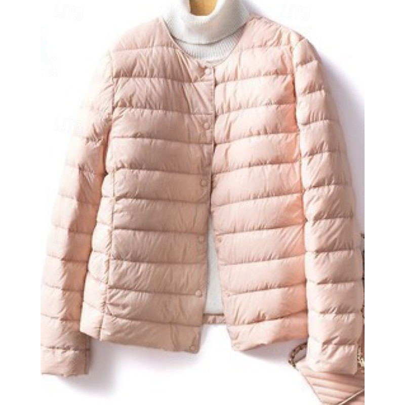 Women's Down Jacket Puffer Jacket Comfortable Buttons Casual Plain Going out Weekend Single Breasted Regular Crewneck Regular Fit Long Sleeve Outerwear White Pink Wine Fall Winter4
