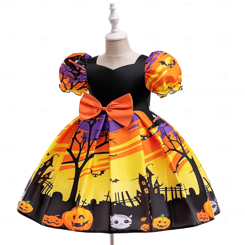 Kids Girls' Party Dress Graphic Short Sleeve Special Occasion Halloween Party Princess Polyester Party Dress Summer Spring 3-10 Years Black2