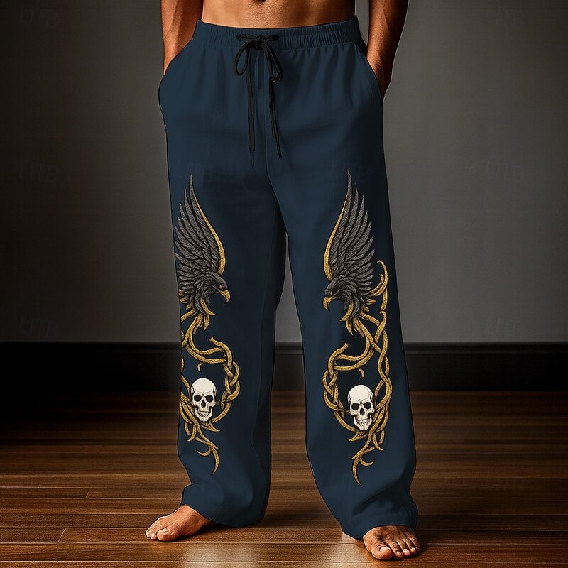 Men's Trousers Baggy Pants Casual Pants Elastic Drawstring Waist Linen-Like Pants with Pockets Skull Eagle Celtics Full Length Outdoor Holiday Retro Vintage White Dark Blue Inelastic3