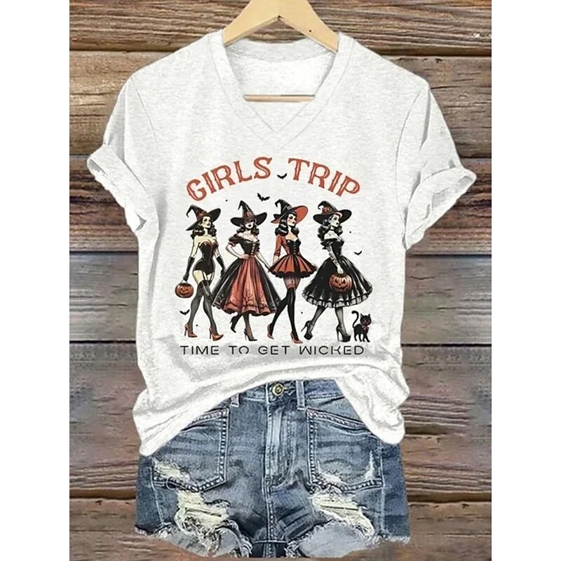 Halloween Women's T shirt Witch Graphic Skull Vintage Stylish Classic Short Sleeve V Neck Regular Tops Daily Print Black White Purple Orange Green Summer Spring4