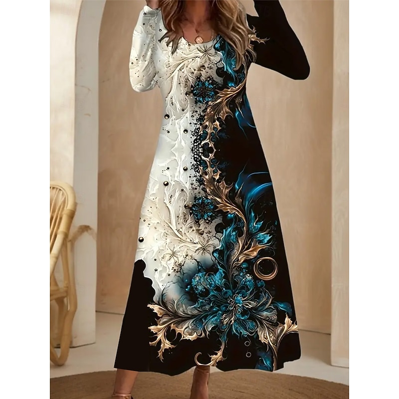 Women's Maxi Dress Sheath Dress T Shirt Dress Tee Dress Vacation Casual Boho Holiday Date Regular Fit Floral Graphic Geometric Long Sleeve Crew Neck Dark Blue Spring Fall Winter