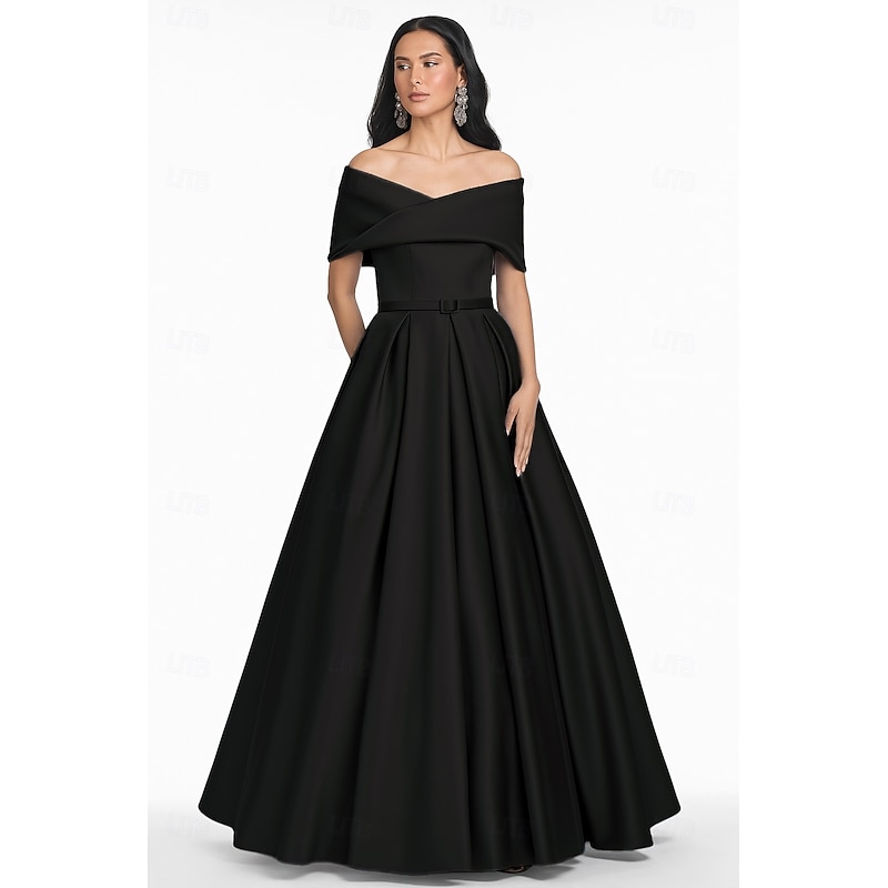 Blue Black A-Line Evening Gown Elegant Dress Formal Wedding Floor Length Short Sleeve Off Shoulder Pocket Satin with Pocket 20253