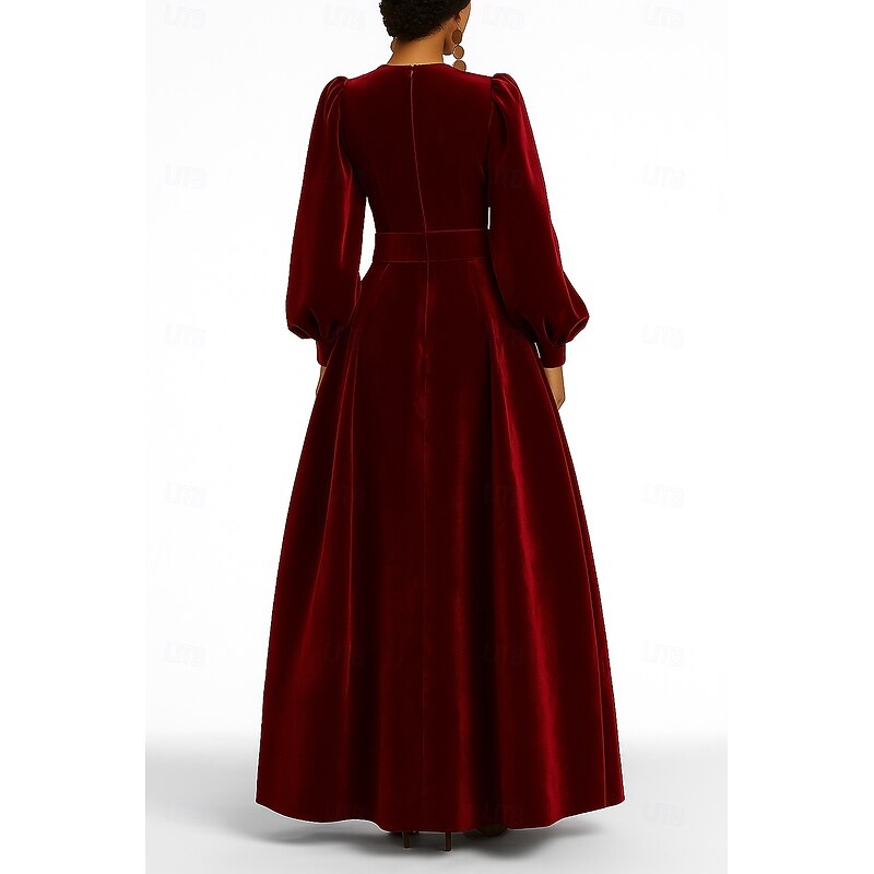 Red Black Blue Velvet A-Line Evening Gown Elegant Dress Formal Fall Wedding Floor Length Long Sleeve V Neck Pocket with Slit Pocket 20252
