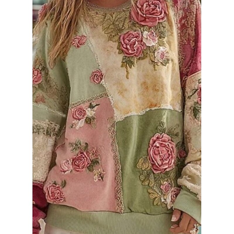 Women's 3D Print Vintage Boho Hoodie Patchwork Hoodie Sweatshirt Floral Pullover Sweatshirt Warm Active Vintage Long Sleeve Street Dailywear Casual Patchwork Light Green Spring Fall Winter2