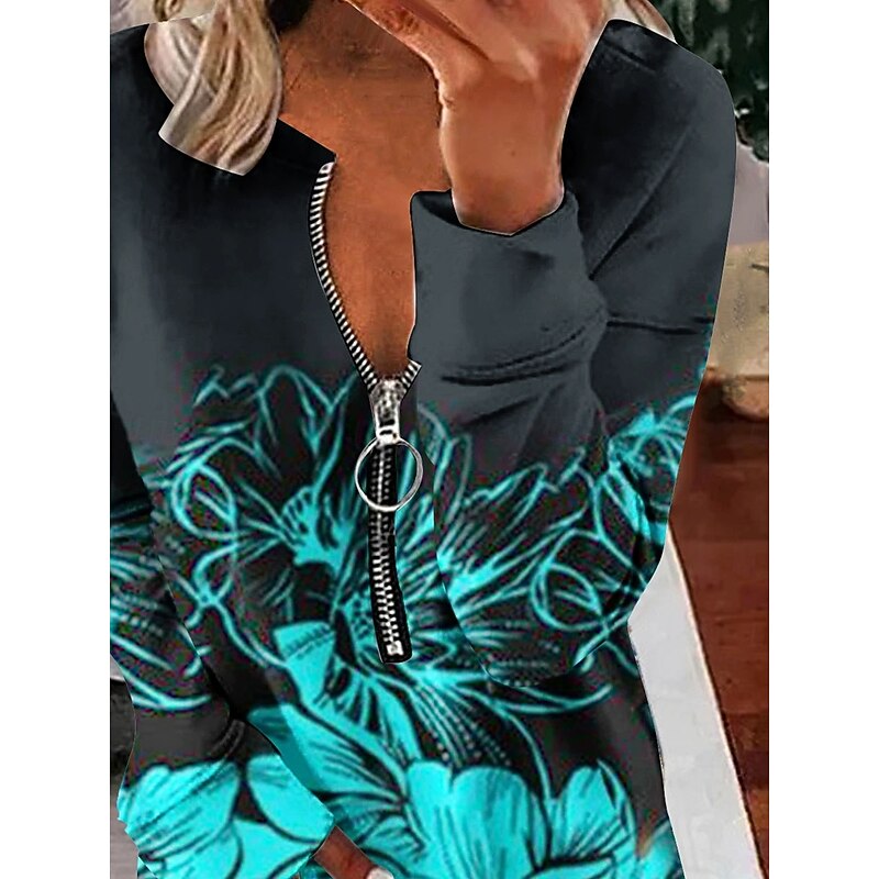 Women's Pullover Sweatshirt Zip Up Sweatshirts Floral Graphic Fashion Casual Long Sleeve Crew Neck Regular Tops Street Dailywear Zipper Print Blue Fall Winter2