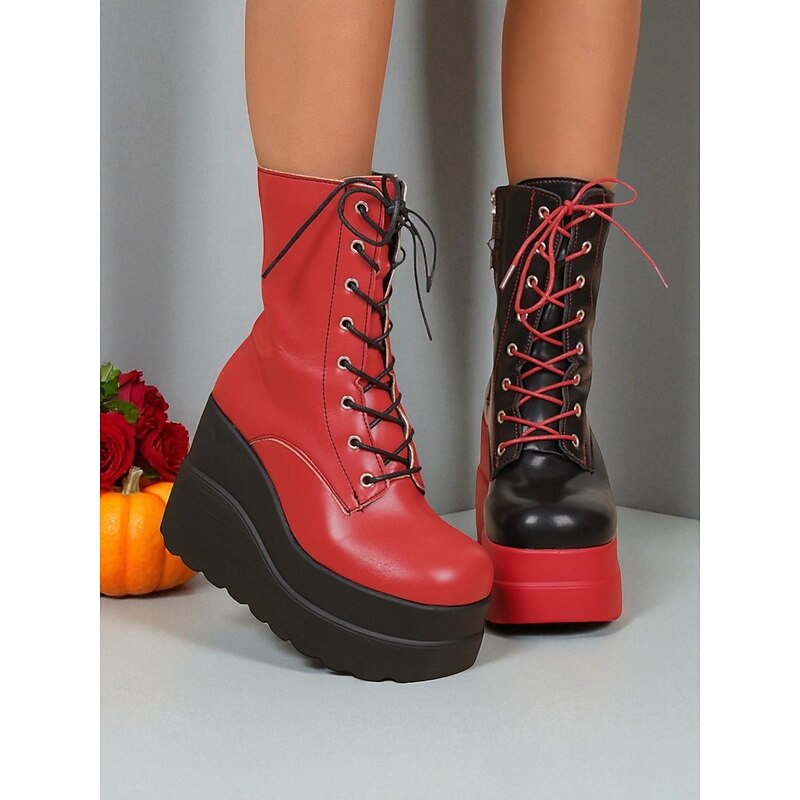 Women's Red and Black Platform Lace-Up Ankle Boots - Bold Gothic Chunky Heel Combat Style Shoes for Nightlife and Halloween Party Outfits