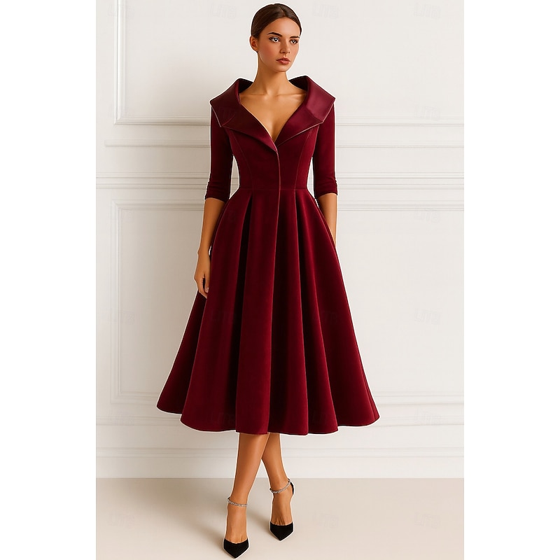 Red Black portrait collar A-Line Mother of the Bride Dress Elegant Vintage Tea Length Velvet Long Sleeve with Ruching Solid Color
