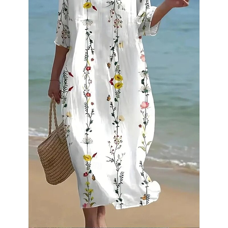 Women's Maxi Dress Boho Crew Neck  3/4 Length Sleeve Shift Dress A Line Dress Casual Daily Date Floral GraphicWhite pring3